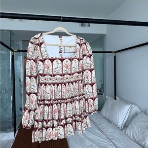 Agua Bendita Burgundy and Pink Floral Dress